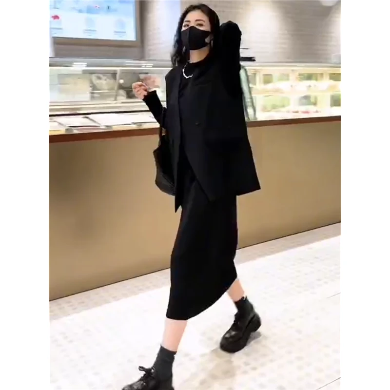 春秋大码休闲套装女韩版宽松直筒中长款长袖连衣裙西装马甲两件套