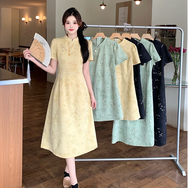 大码新中式旗袍裙高级感国风短袖连衣裙女装夏季胖MM遮肚显瘦裙子