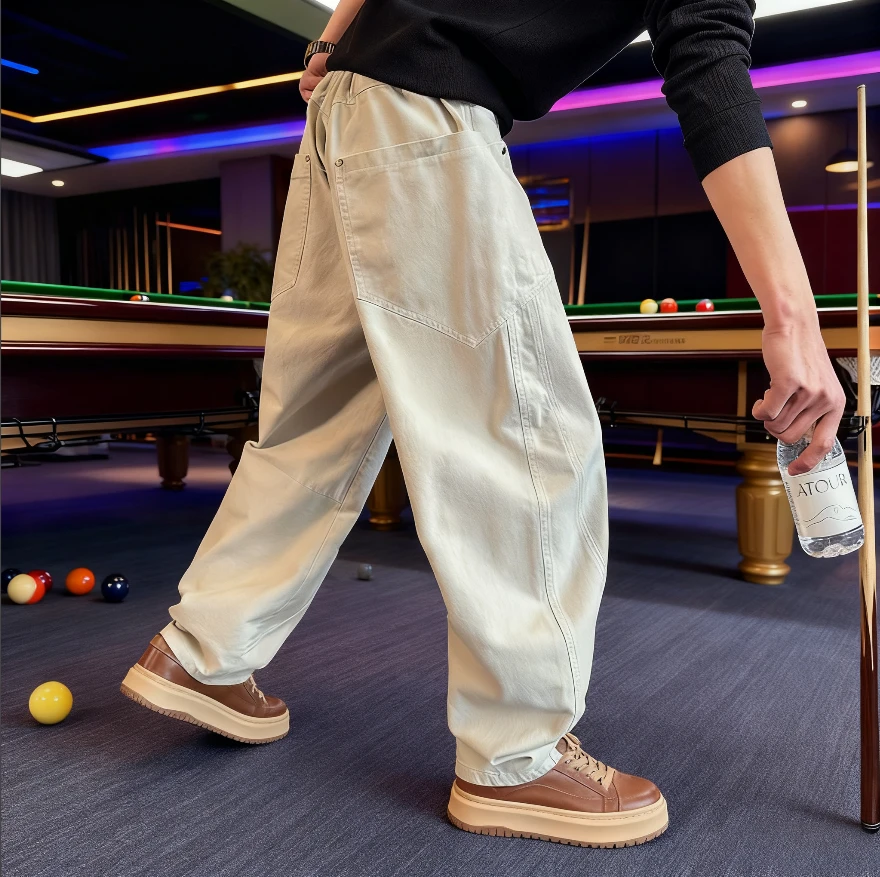 秋冬解构拼接慵懒风弯刀阔腿加绒牛仔裤潮牌痞帅休闲裤高街直筒裤