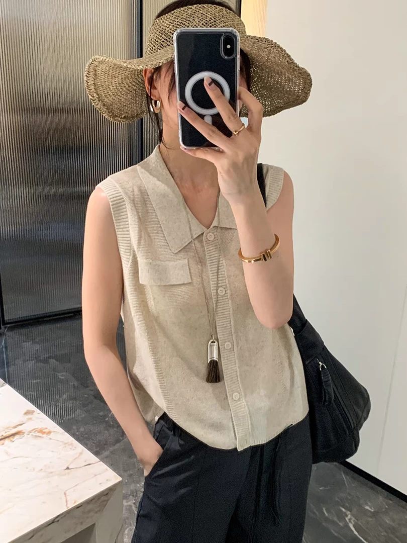 POLO领亚麻冰丝无袖针织衫女背心2025夏季新款高级感洋气上衣小衫