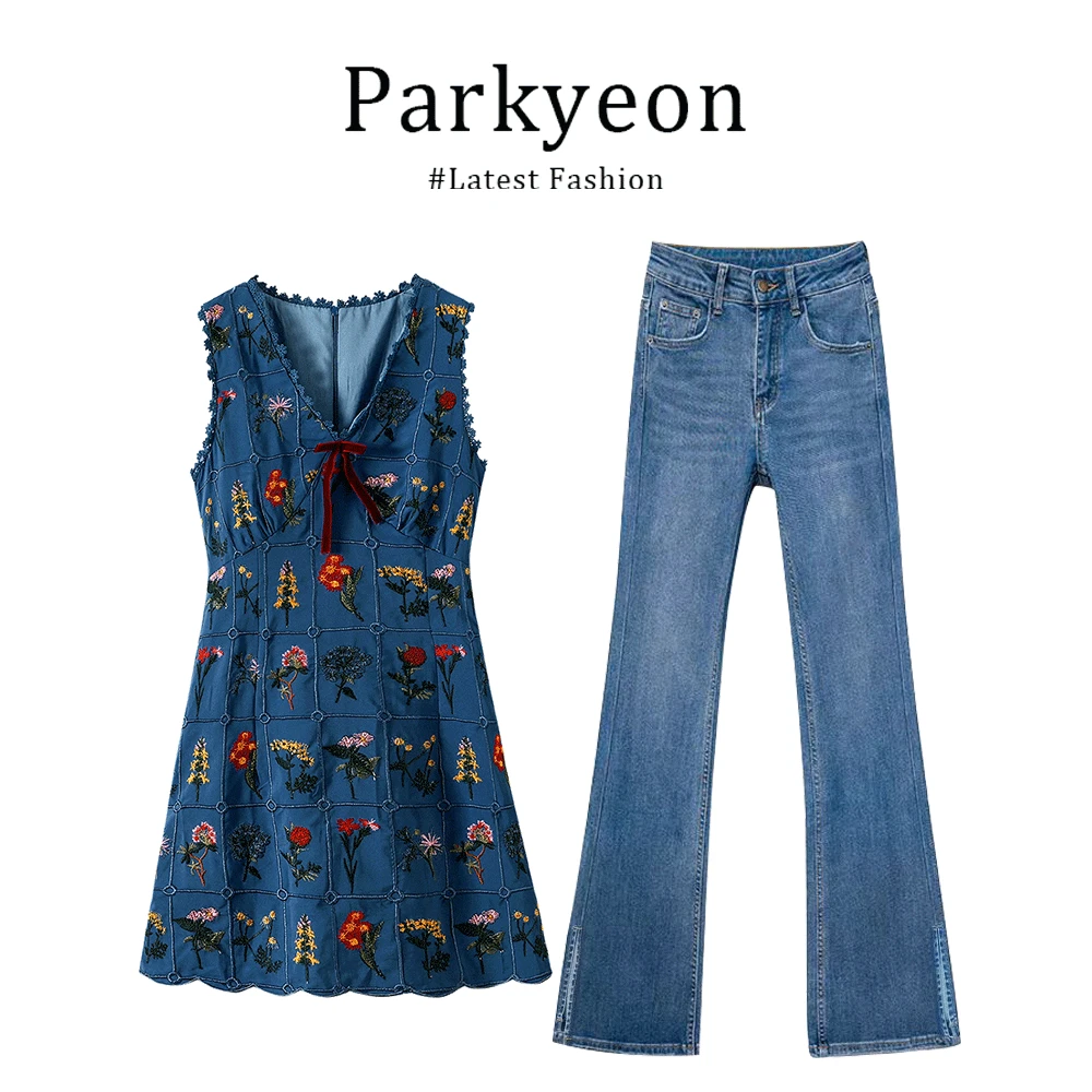 parkyeon夏季新款蓝色花朵V领连衣裙气质收腰显瘦牛仔裤两件套装