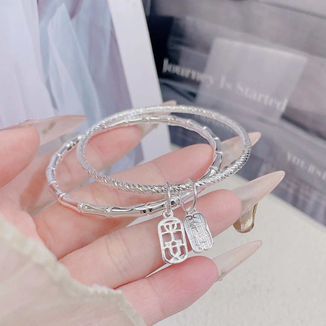 足银手镯 A1036【双圈竹节平安闭口】约25克足银9999手镯时尚民族风