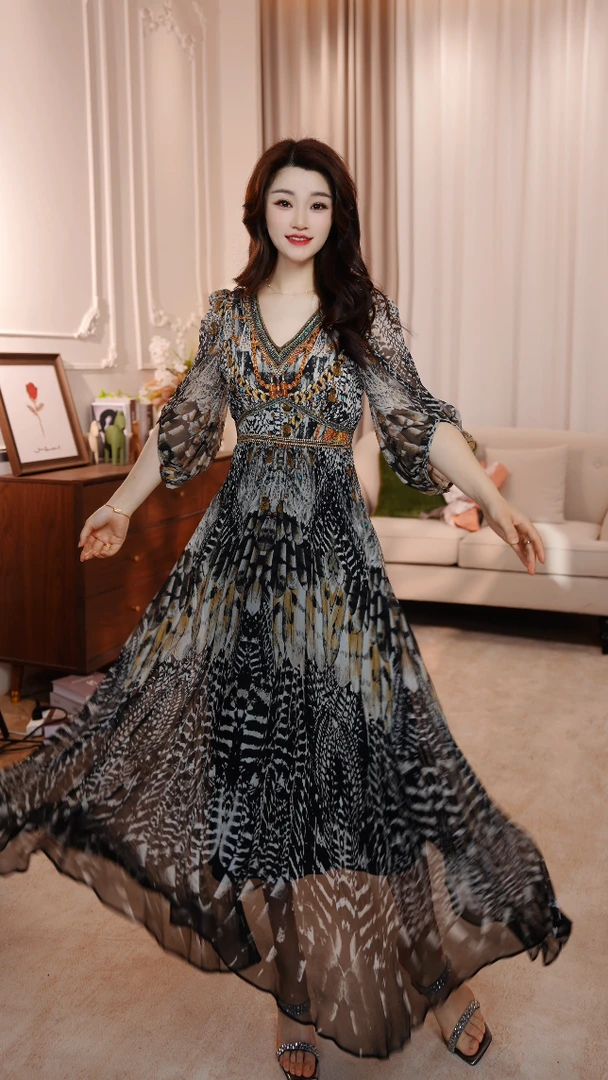 【烟染星河】25年春夏高贵名媛风优雅气质收腰高端连衣裙