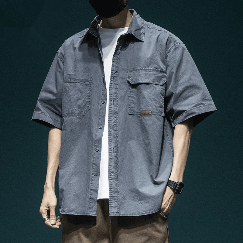 日系复古重磅水洗短袖衬衫男士上衣夏季潮牌美式宽松大码工装衬衣