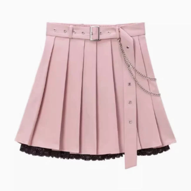 剪标拆标日单~甜美可爱半身裙纯色百搭蕾丝拼接百褶裙