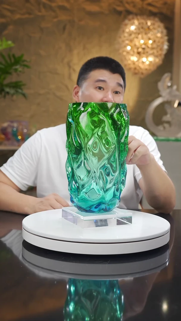 琉璃手工艺品鸿**聚福利设计款蓝绿花瓶专属价