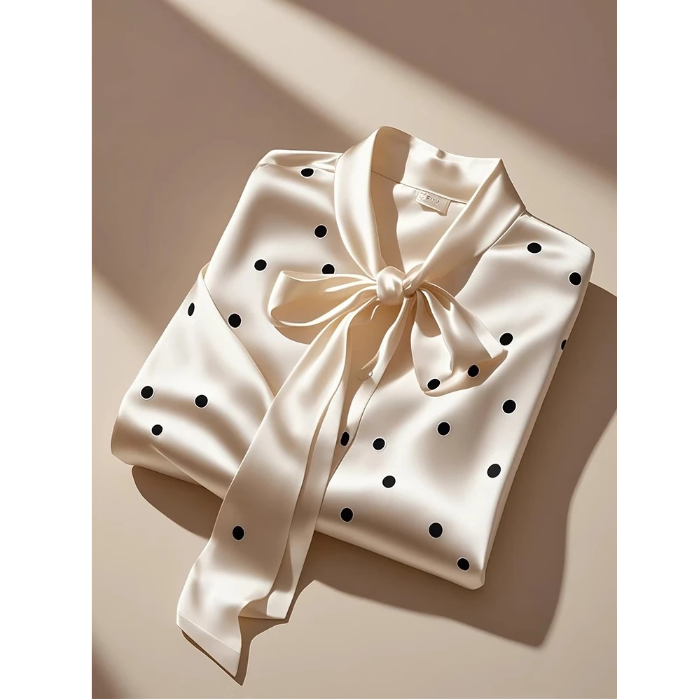 2025春季法式高端时尚洋气独特绝美波点系带缎面衬衫上衣女装通勤