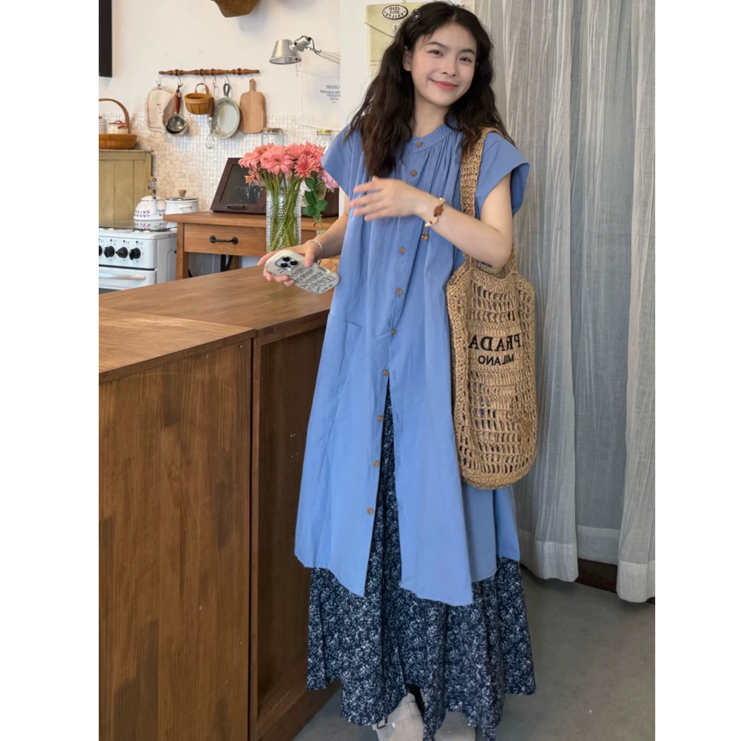 夏季2025新款女装韩系高级感盐系蓝色短袖衬衫碎花半身裙