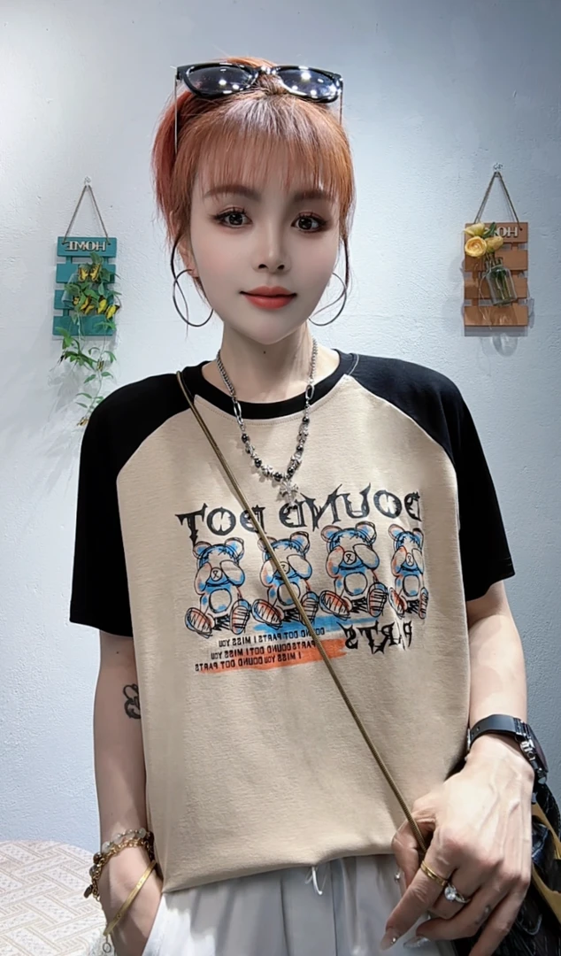 qc517-小熊夏款短袖拼潮流插肩袖女洋气上衣