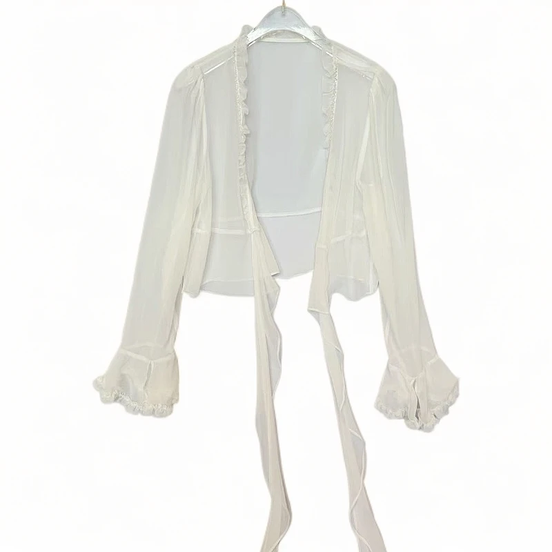 2025妍姐夏季新款法式碎花V领薄款外披扎染渐变印花 白色 8009-2