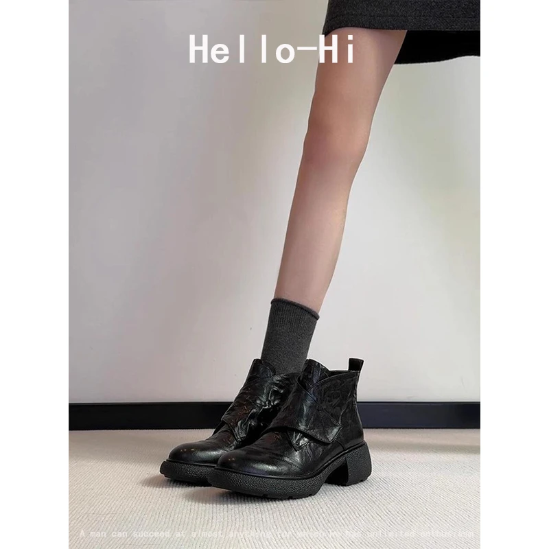 牛皮版~法式英伦风小个子厚底粗跟马丁靴女水洗皮复古魔术贴短靴