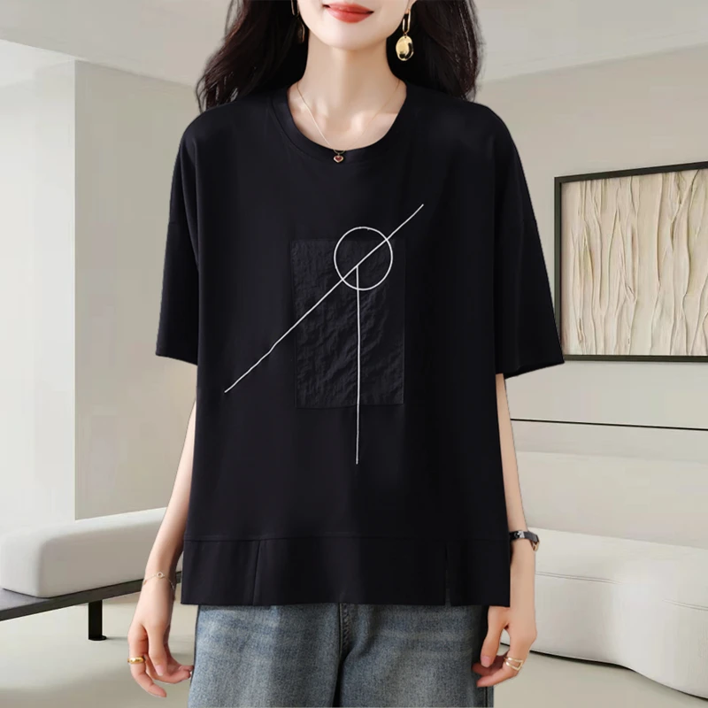 黑色圆领短袖t恤女士夏季2025新款时尚宽松显瘦开叉别致小衫上衣
