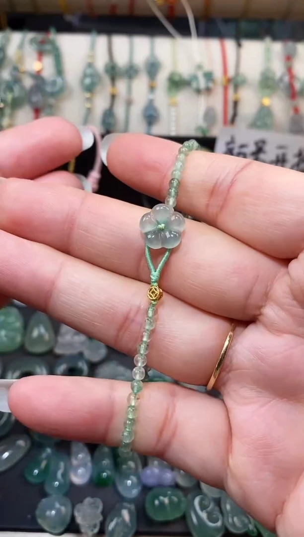 翡翠散珠银S925镶嵌大花手绳  手围15