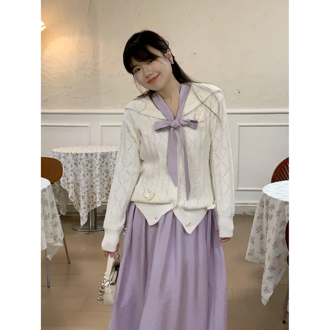 米米子“软香午后”定制奶白翻领花朵钩织菱格毛衣慵懒风秋季新品女