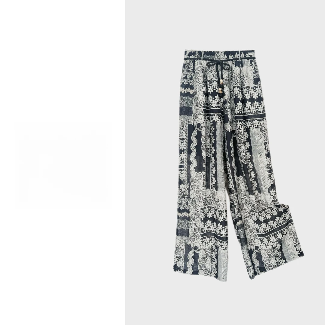 夏季时尚松紧腰抽绳直筒阔腿舒适薄款女裤休闲裤2025HZ-001