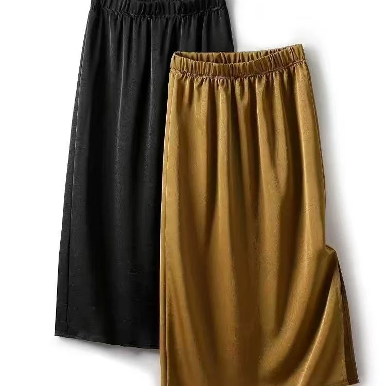 2025新款中式纯色国风开叉显瘦缎面松紧半身裙