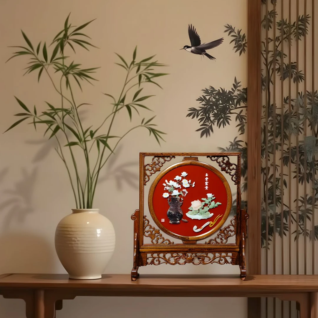 【本尼家】YZ45非遗扬州漆艺骨石镶嵌《玉堂富贵》转架屏桌面屏风