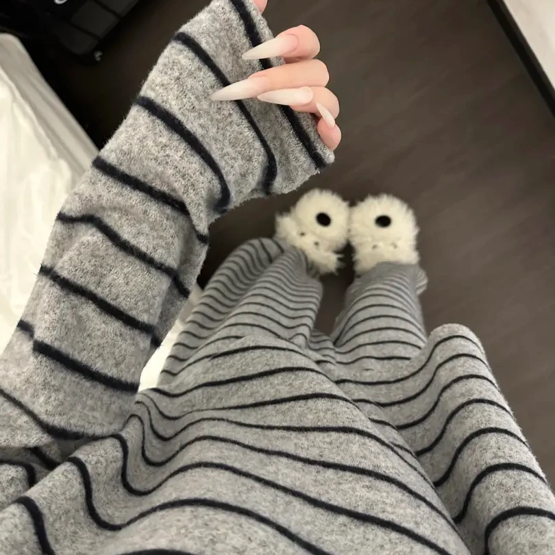 【咕噜】少女甜美条纹慵懒风加厚保暖睡衣女秋冬新款长袖长裤家居服