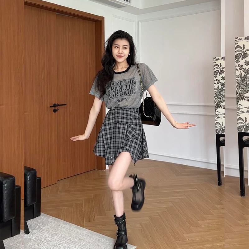 休闲复古洋气减龄套装2025夏季显瘦针织短袖假两件短裙裤两件套