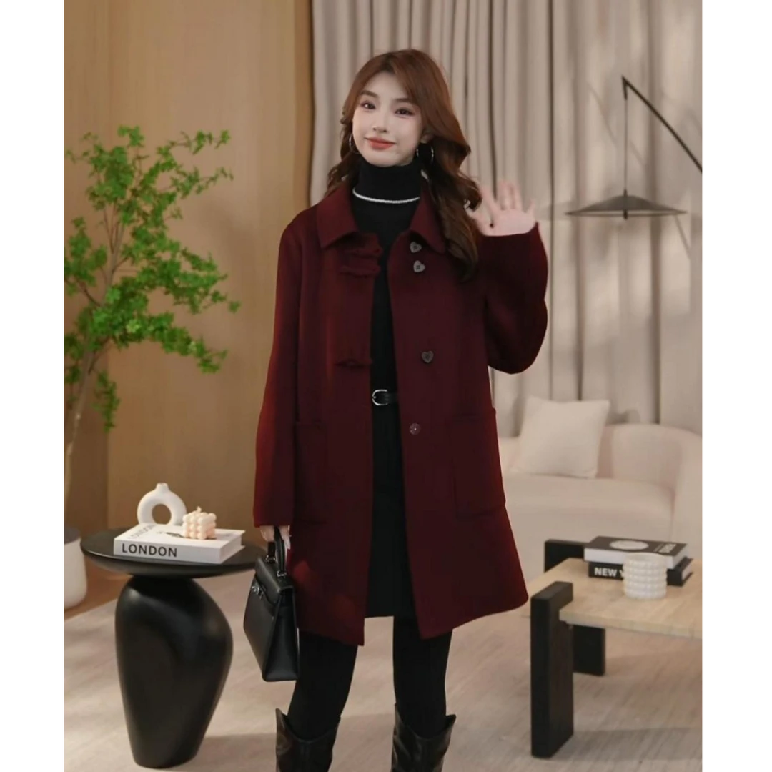 【曼贝】女装设计款100%双面羊毛中长款大衣高端时尚8484696【珮珮冬