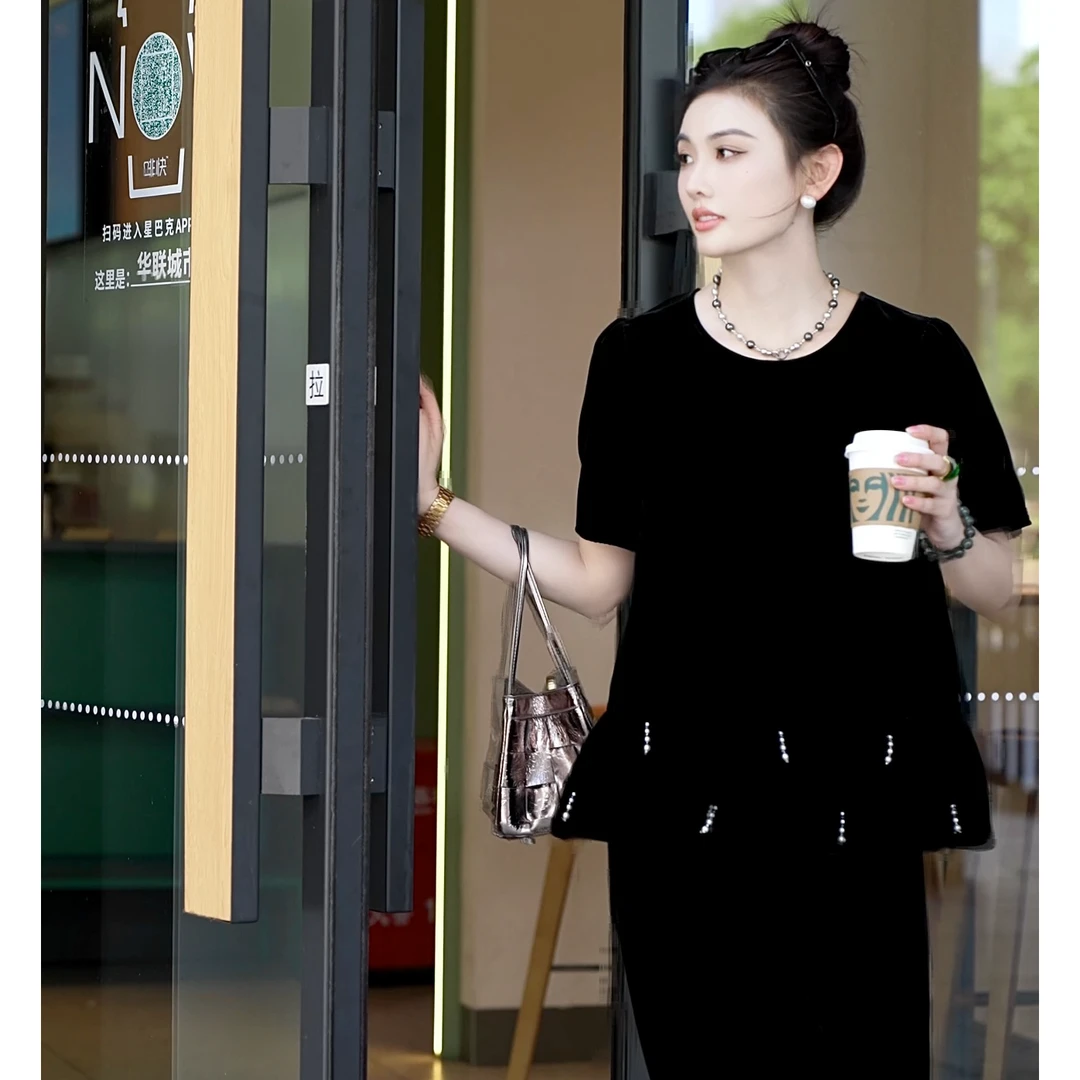 灵动小吊坠设计真丝丝绒圆领气质通勤百搭减龄显瘦短袖夏季上衣