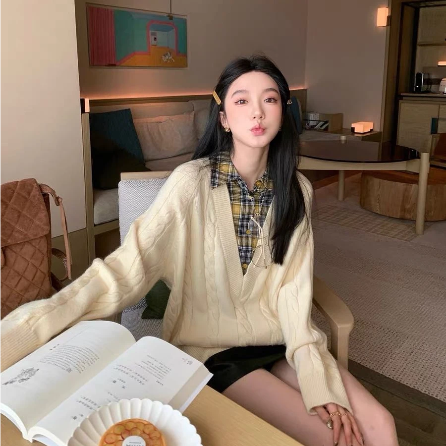 假两件拼接衬衫毛衣女装秋季宽松慵懒风时尚外穿针织衫上衣设计感