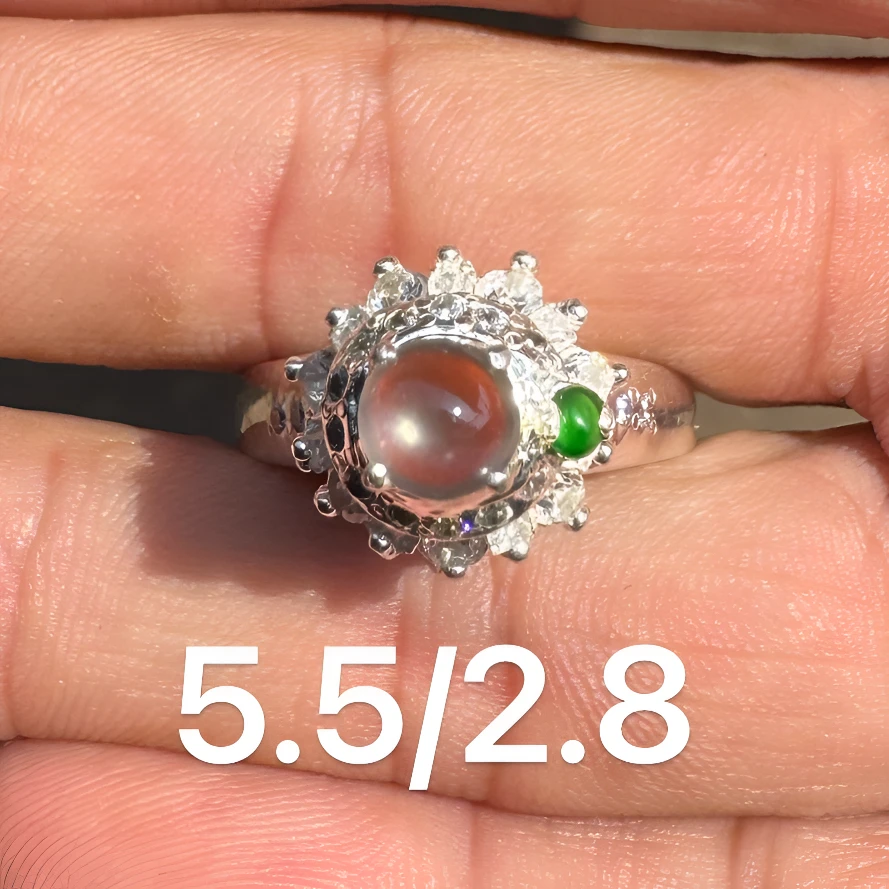 0215(小哪吒在源头)玻璃种正圆黑钢戒面干净杠味荧光足M80