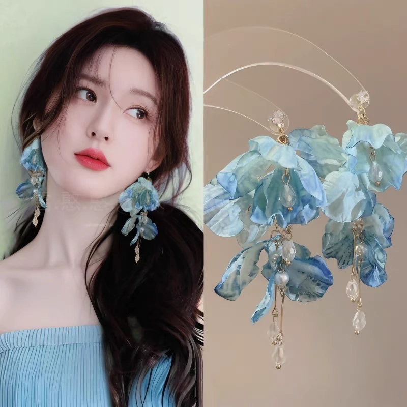 铜合金耳饰 赵露思同款蓝色花朵耳饰耳环耳钉耳夹耳坠旅游
