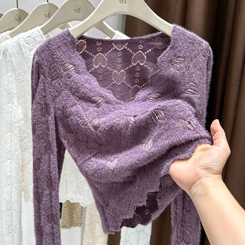 V领蕾丝长袖打底衫女2025春秋紫色长袖修身百搭内搭磨毛短款上衣