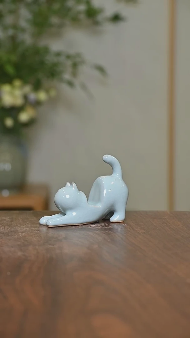 小猫 微瑕 天青釉 朱家款