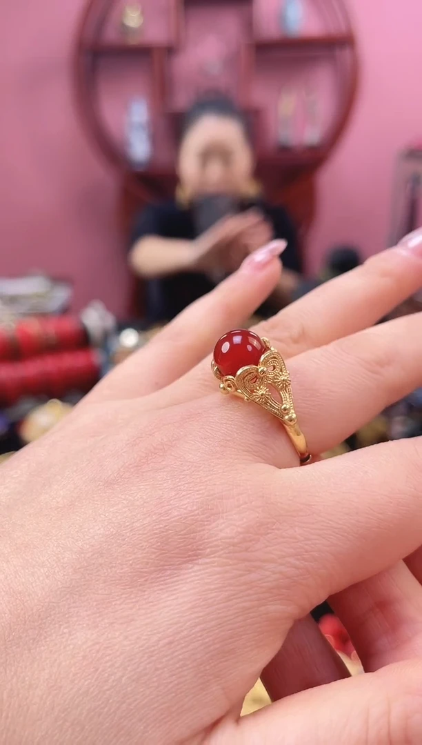 非遗 花丝镶嵌戒指 红色转珠