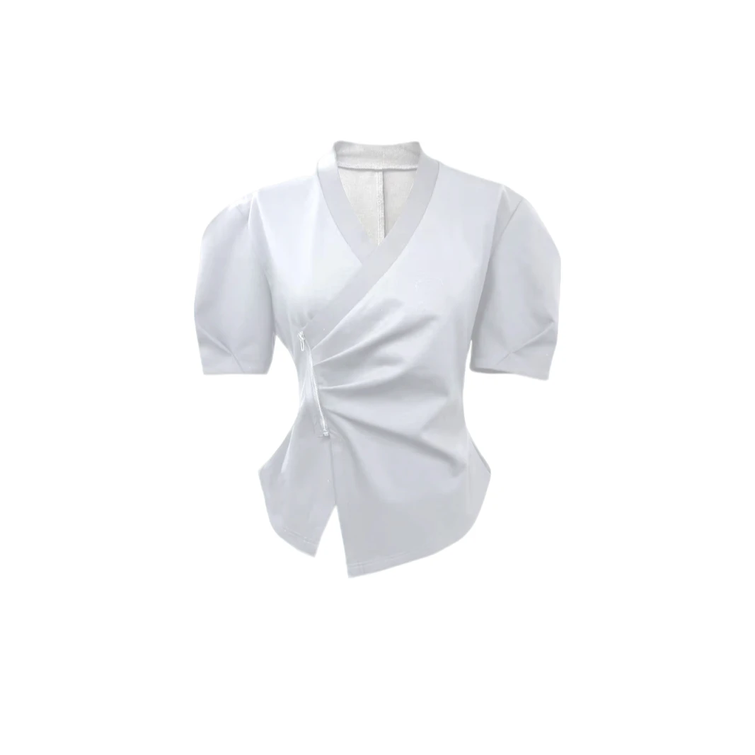 【XSY】XTH侧边开叉小泡袖中式V领拉链可敞开浮花中式斜领T恤