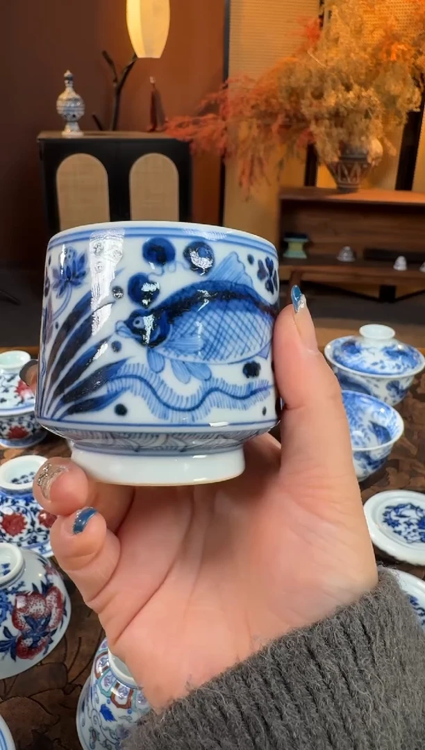 杯子陶瓷刘建锋窑仿元鱼藻马蹄杯