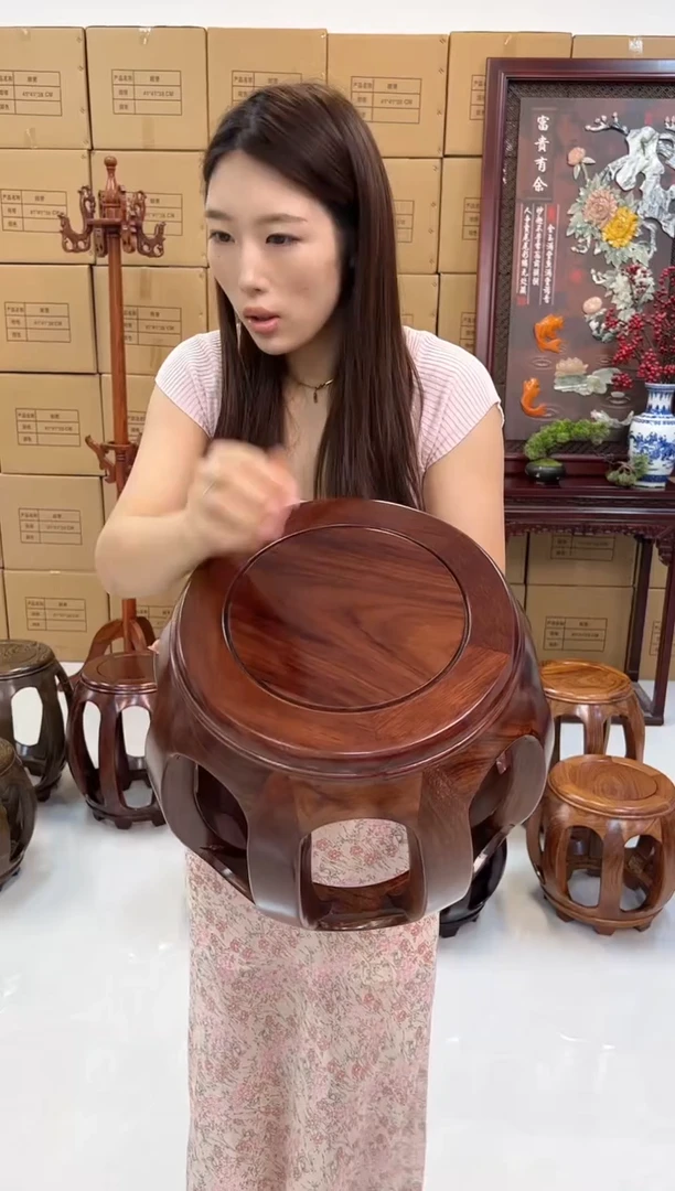 花梨木类端景台亚花梨胡桃色小号鼓凳一对