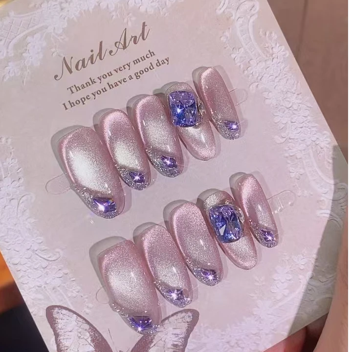 【薰衣草之泪】温柔风淡粉色调爆闪高光猫眼K9钻轻奢穿戴甲手工气质