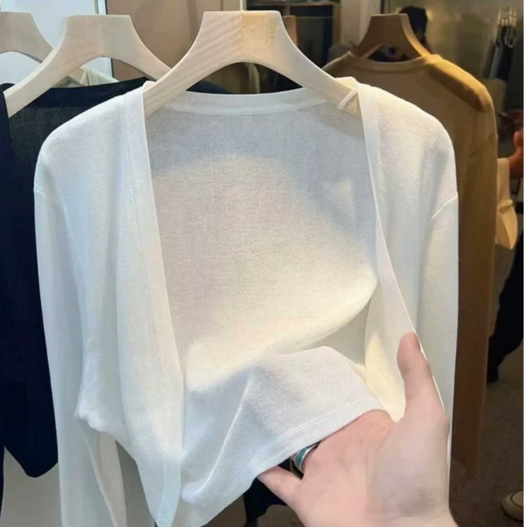 【连衣裙外搭】薄款网纱防晒开衫短外套上衣洋气长袖百搭白色短款