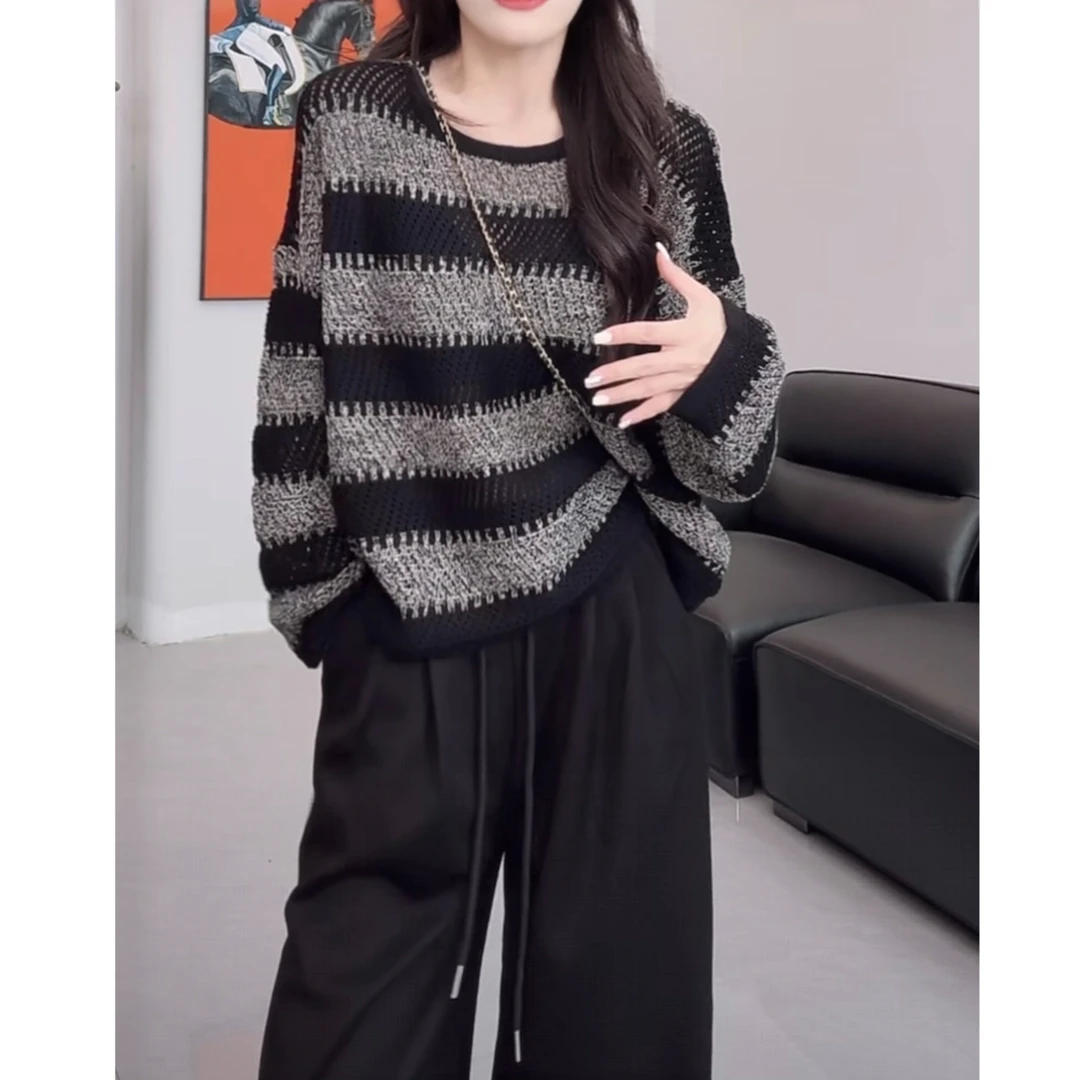 设计感撞色条纹圆领长袖毛衣女2025早秋新款落肩百搭休闲针织上衣