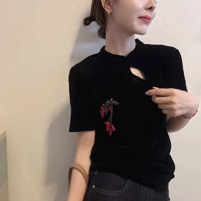 中式丝绒盘扣短袖t恤女2025秋季新款立领复古立体装饰设计上衣潮