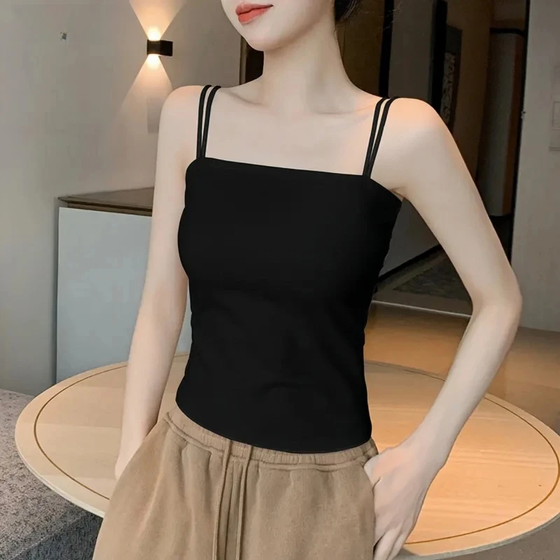 HTKD黑色双吊带背心女内搭带胸垫新款修身棉质外穿露背上衣夏t恤