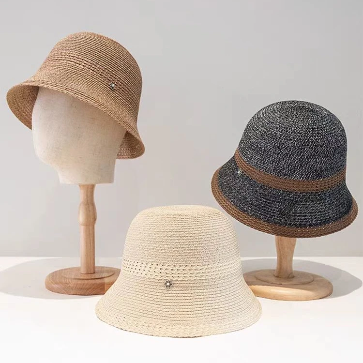 新款草编渔夫帽子女防晒草帽透气海边遮阳灯罩帽日系简约