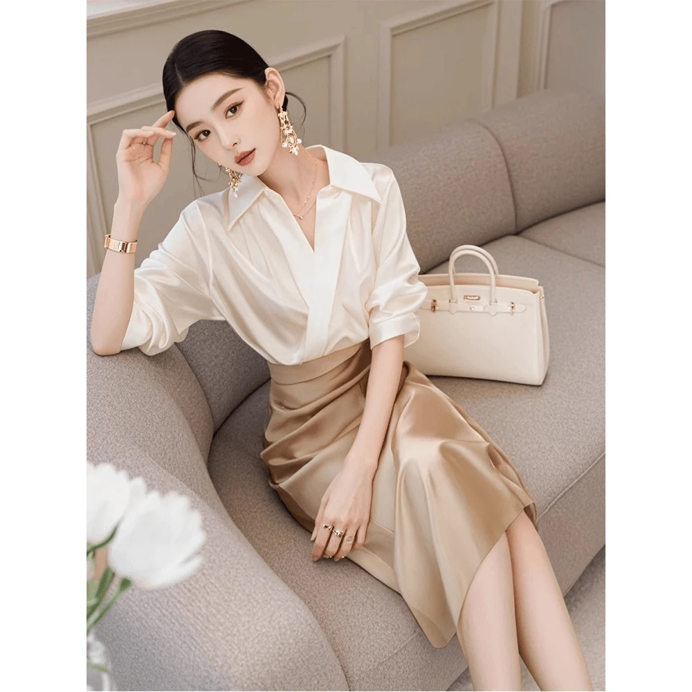 一整套轻熟气质女神范高端小香风衬衫香槟色半身裙女装通勤两件套