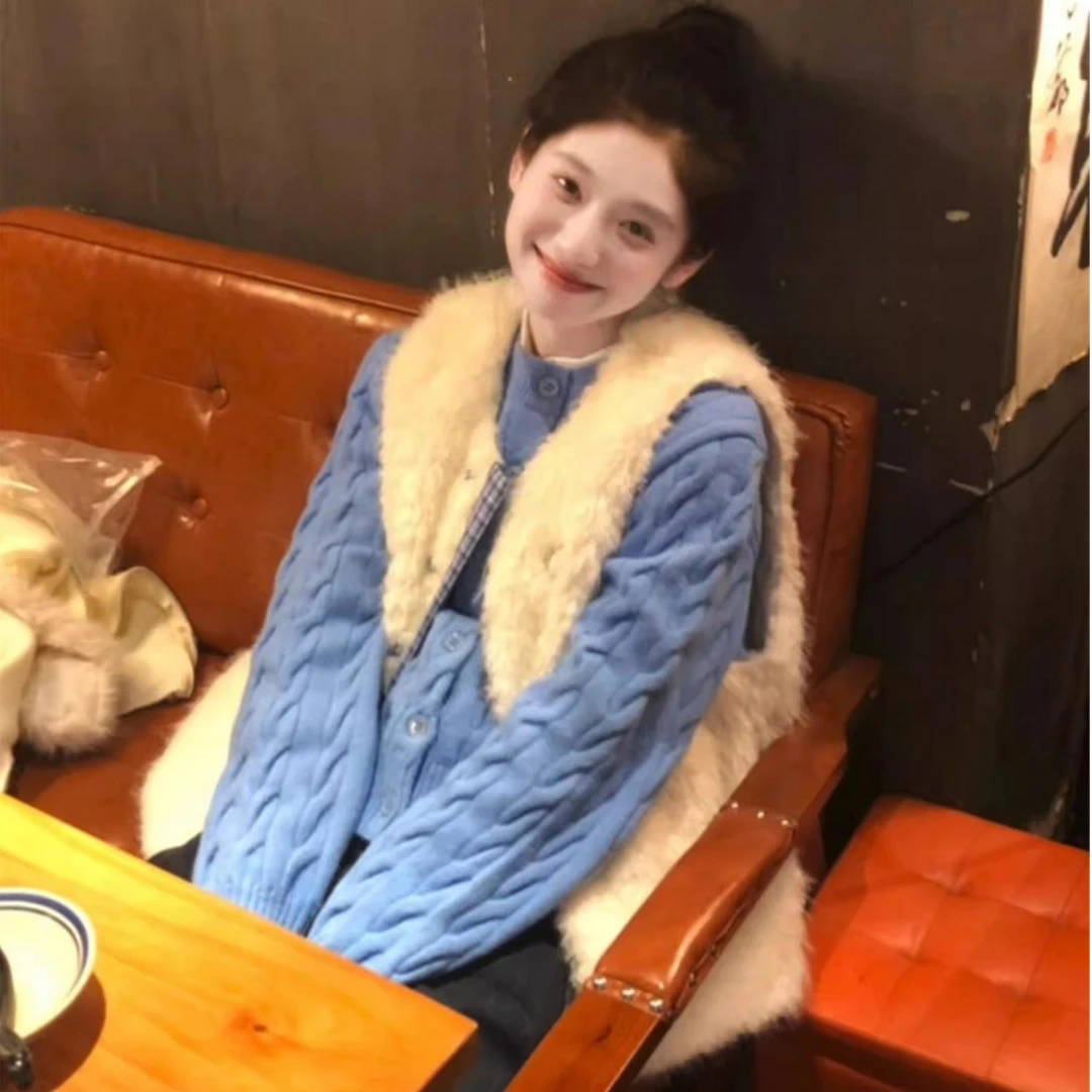 韩版蓝色麻花针织开衫外套时尚减龄慵懒风长袖毛衣2025年秋冬新款