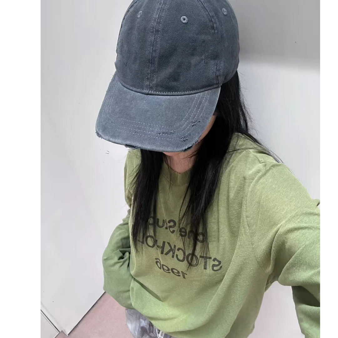 牛油果绿做旧磨破长袖字母残缺今夏流行款男女同款宽松