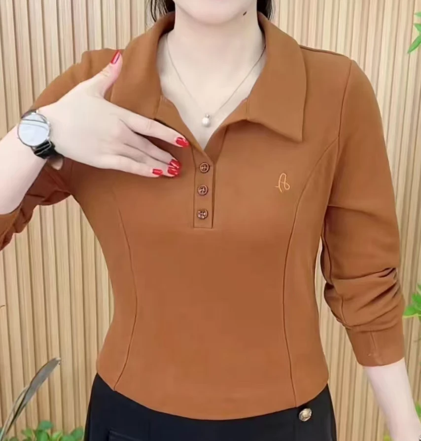 B609#时尚POLO领竖条净色显瘦百搭上衣（L~5XL 90~160斤）