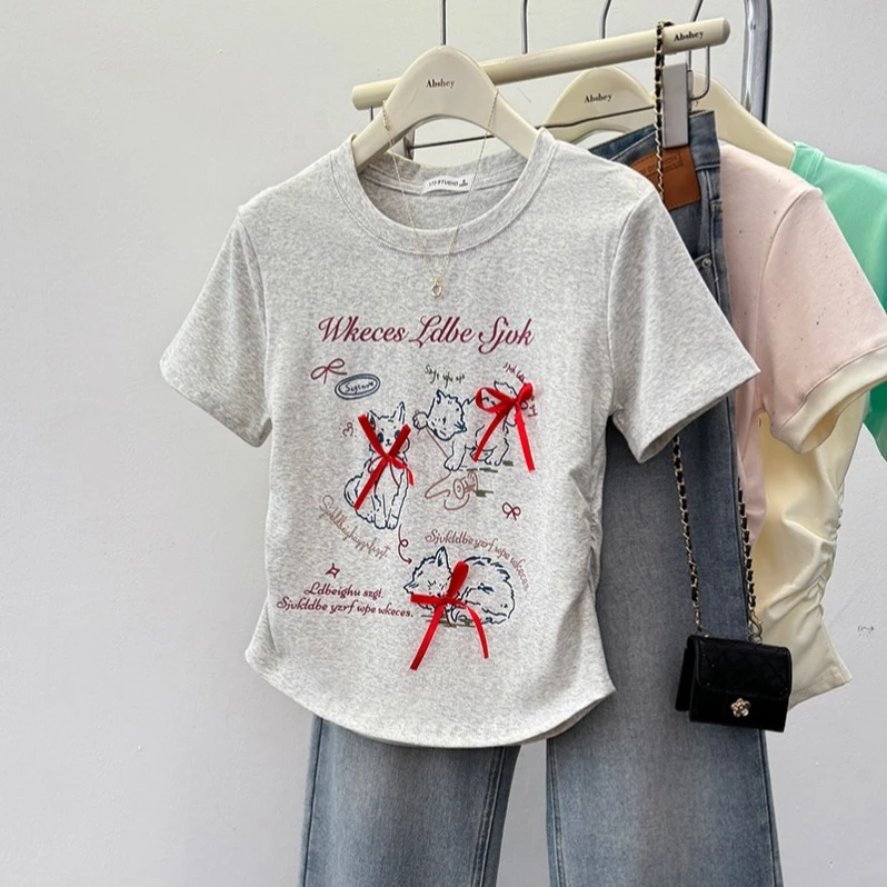 蝴蝶结猫咪印花短袖t恤女正肩夏季显瘦设计感小众别致收腰上衣ins