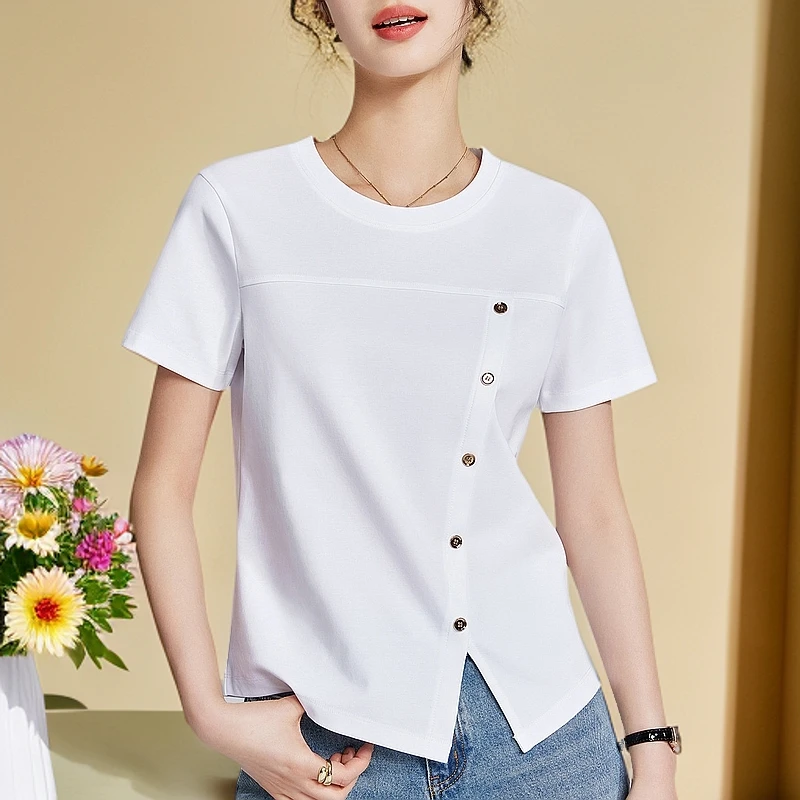T恤上衣短袖显瘦白色夏季女士女生纯欲慵懒风女装衣服不规则ins