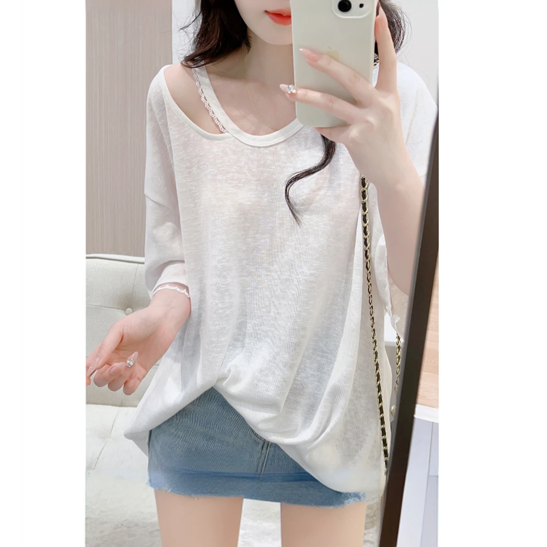 雪花棉露肩花边白色短袖T恤女夏季韩版中长款宽松休闲慵懒风上衣