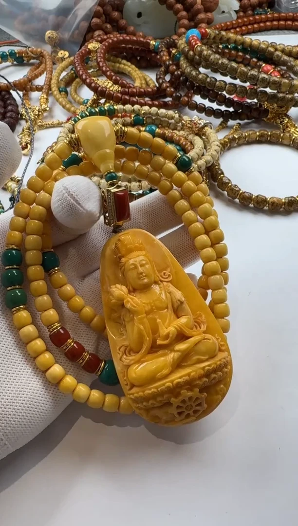 裸石蜜蜡足金镶嵌蜜蜡手串108