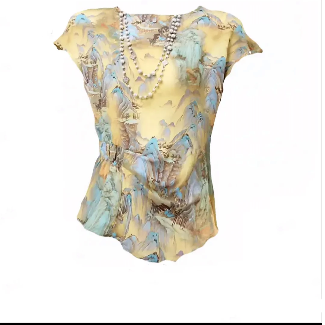 X〖清雅气场〗2025夏季新款气质优雅时尚山水画印花收腰褶皱上衣CLZ