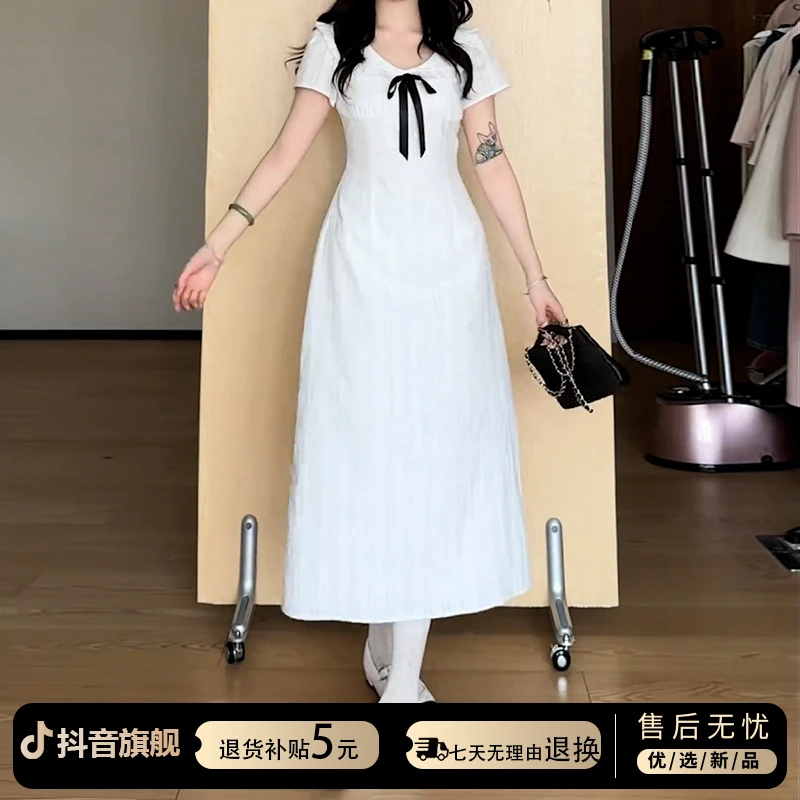 夏季2025新款法式白色蝴蝶结连衣裙子小个子气质初恋白月光长裙女